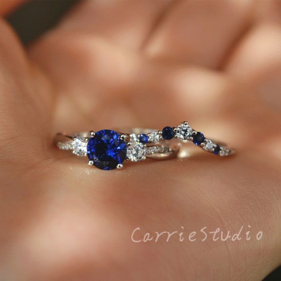 Twist Blue Sapphire Ring Set/ Silver Sapphire Engagement - Etsy UK