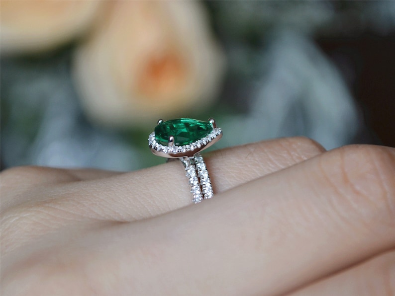 7*9 mm Pear Emerald Ring Set Sterling Silver Emerald Ring Anniversary Ring Gift