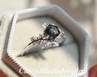 Custom Hexagon Black Rutilated Quartz Ring Silver - with Moissanite on the Side