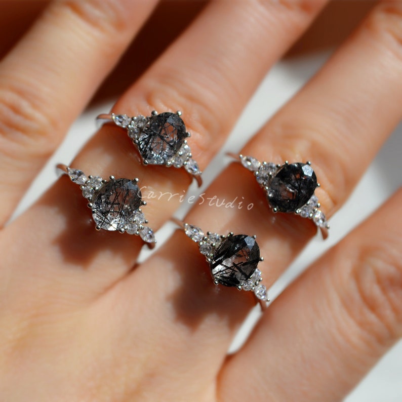 Unique Black Rutilated Quartz Ring Set/Natural Rutilated Quartz Bridal Ring Set/Anniversary Gift for Her/Silver Black Gem Jewelry image 8
