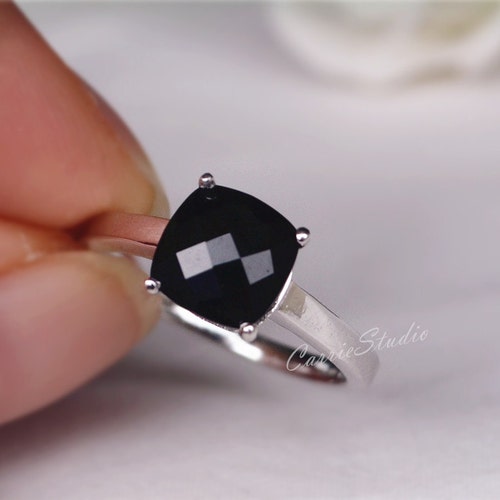 Cushion shops Black Onyx Ring Engagement Ring Sterling Silver Ring Anniversary Ring Birthday Gift