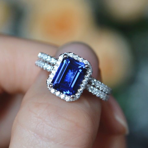 Blue Sapphire Ring Set Emerald Cut Lab Sapphire Engagement - Etsy