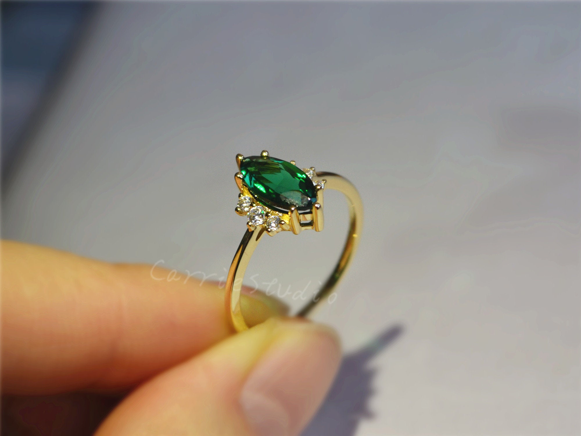 Emerald Engagement Ring/solid 14K Gold Marquise Emerald Ring/ - Etsy