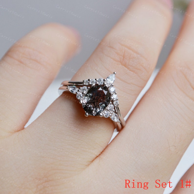 Unique Black Rutilated Quartz Ring Set/Natural Rutilated Quartz Bridal Ring Set/Anniversary Gift for Her/Silver Black Gem Jewelry Ring Set 1#