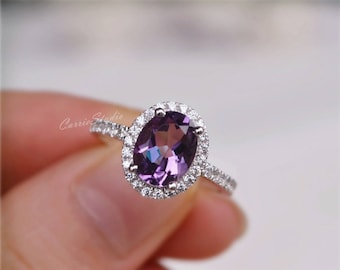 Halo Oval Natural Amethyst Ring Amethyst Engagement Ring/ Wedding Ring 925 Sterling Silver Ring Anniversary Ring Silver