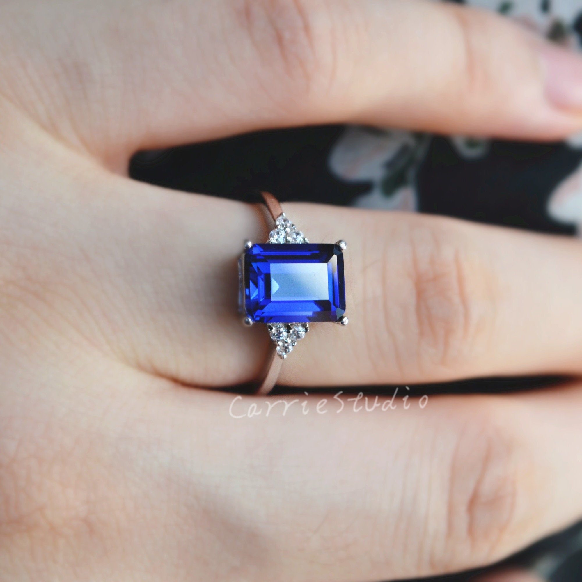 2カラット ブルーサファイア リングセット/エメラルドカット