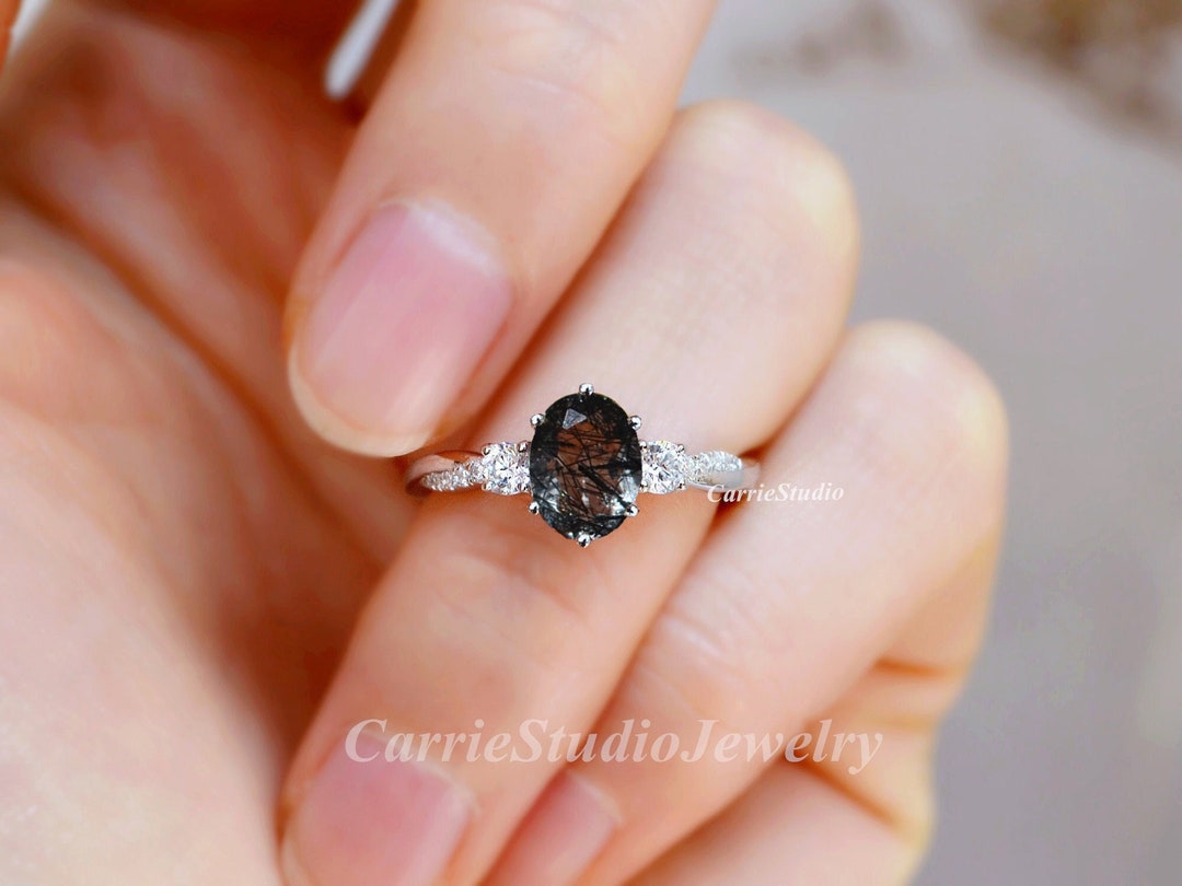 Unique Black Rutilated Quartz Engagement Ring Silver Black Tourmaline