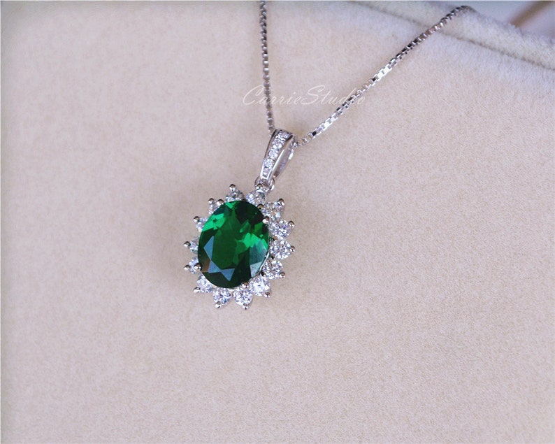 Royal Style Emerald Pendant Necklace Sterling Silver Emerald Necklace Anniversary Gift Birthday Present