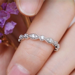 Vintage Stackable Band/Silver Promise Band/Moissanite Wedding Band/Art Deco Matching Band /Gift For Her
