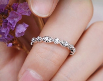 Vintage Stackable Band/Silver Promise Band/Moissanite Wedding Band/Art Deco Matching Band /Gift For Her
