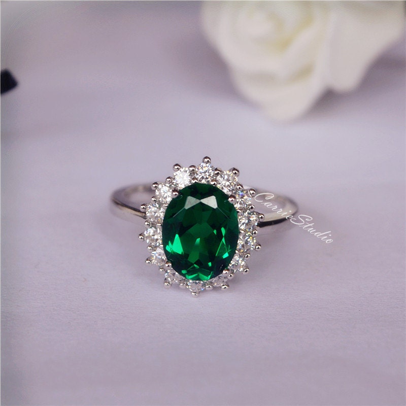 Halo Emerald Engagement Ring/79 Mm Oval Emerald Promise - Etsy