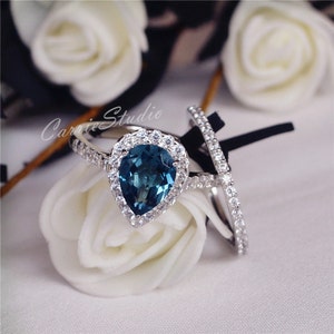 7*9mm Natural London Blue Topaz Ring Set Engagement Ring Set Wedding Ring Set 925 Sterling Silver Ring Anniversary Ring Set