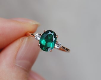 Anillo de oro macizo de 14 quilates con esmeralda, anillo de compromiso con esmeralda y piedra preciosa verde.