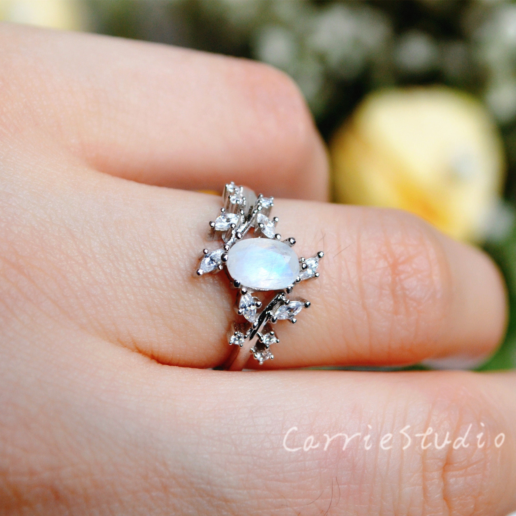 Leaf Inspired Moonstone Ring Oval Branch Engagement Ring Natural Moonstone Promise Ring for Women Gift for Her