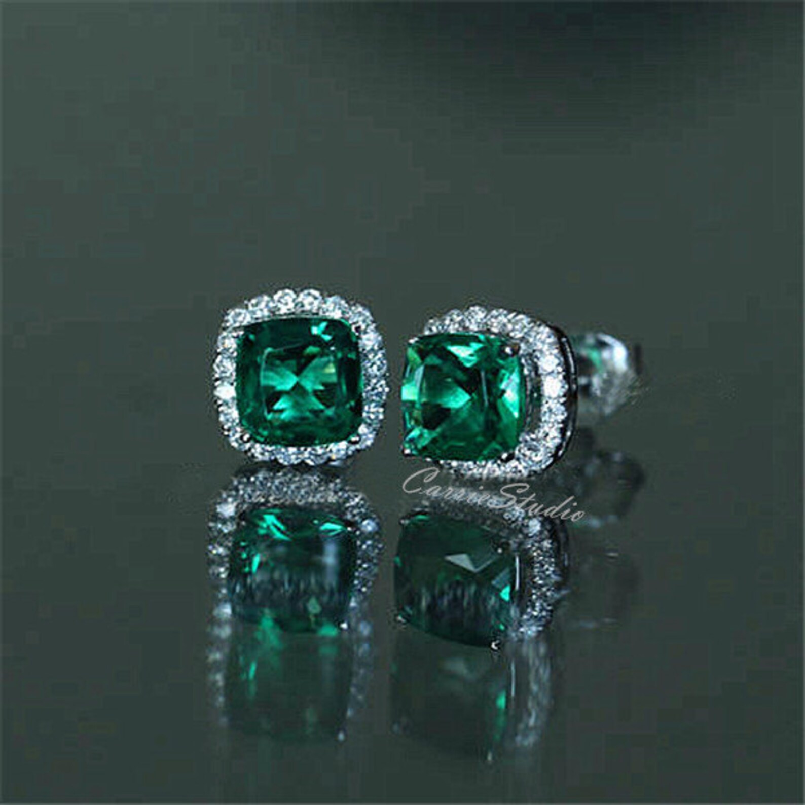 6mm Cushion Emerald Studs Lab Emerald Studs Emerald Jewelry Etsy