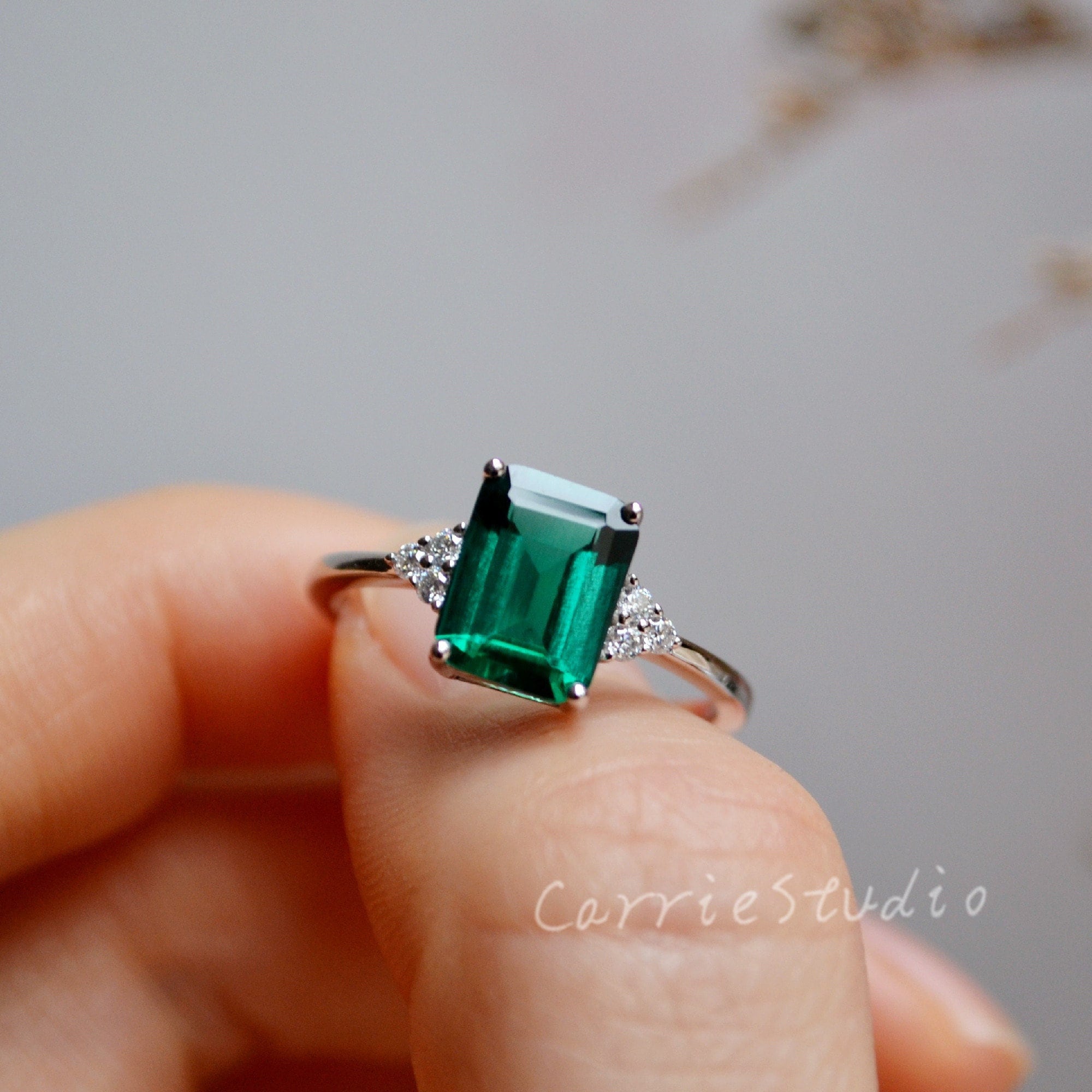 2 Karat Smaragd Ring / Silber echtes Labor erstellt Smaragd Verlobungsring / grüner Edelstein Versprechen Ring / Mai Birthstone Schmuck