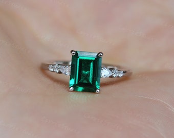 Vintage Emerald Engagement Ring - Real Lab Grown Emerald Promise Ring - Green Gemsone Anniversary Ring - Gift for Her