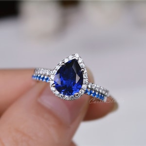 Pear Sapphire Ring Set Sapphire Engagement Ring Set Anniversary Ring Promise Ring Two Ring Set