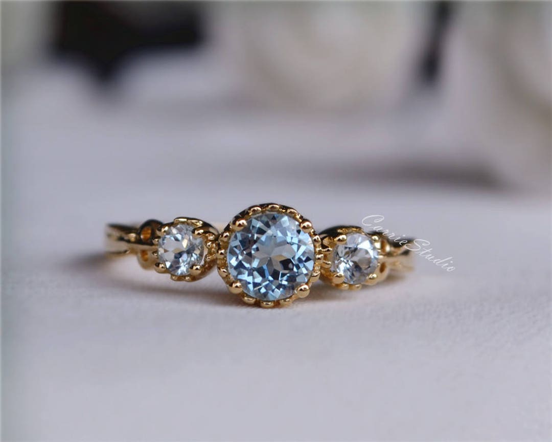 14K Yellow Gold Natural Aquamarine Ring Antique Delicate Aquamarine ...
