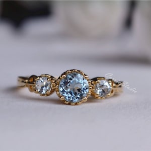 14K Yellow Gold Natural Aquamarine Ring  Antique Delicate Aquamarine Engagement Ring Wedding Ring Promise Ring Anniversary Ring