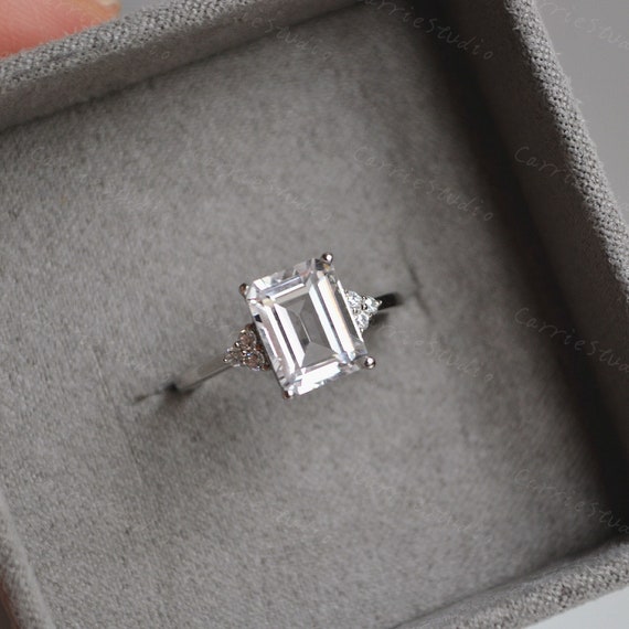 7 9 mm Emerald Cut White Sapphire Ring White Gem Engagement Ring Sapphire Promise Ring Anniversary Ring Gift