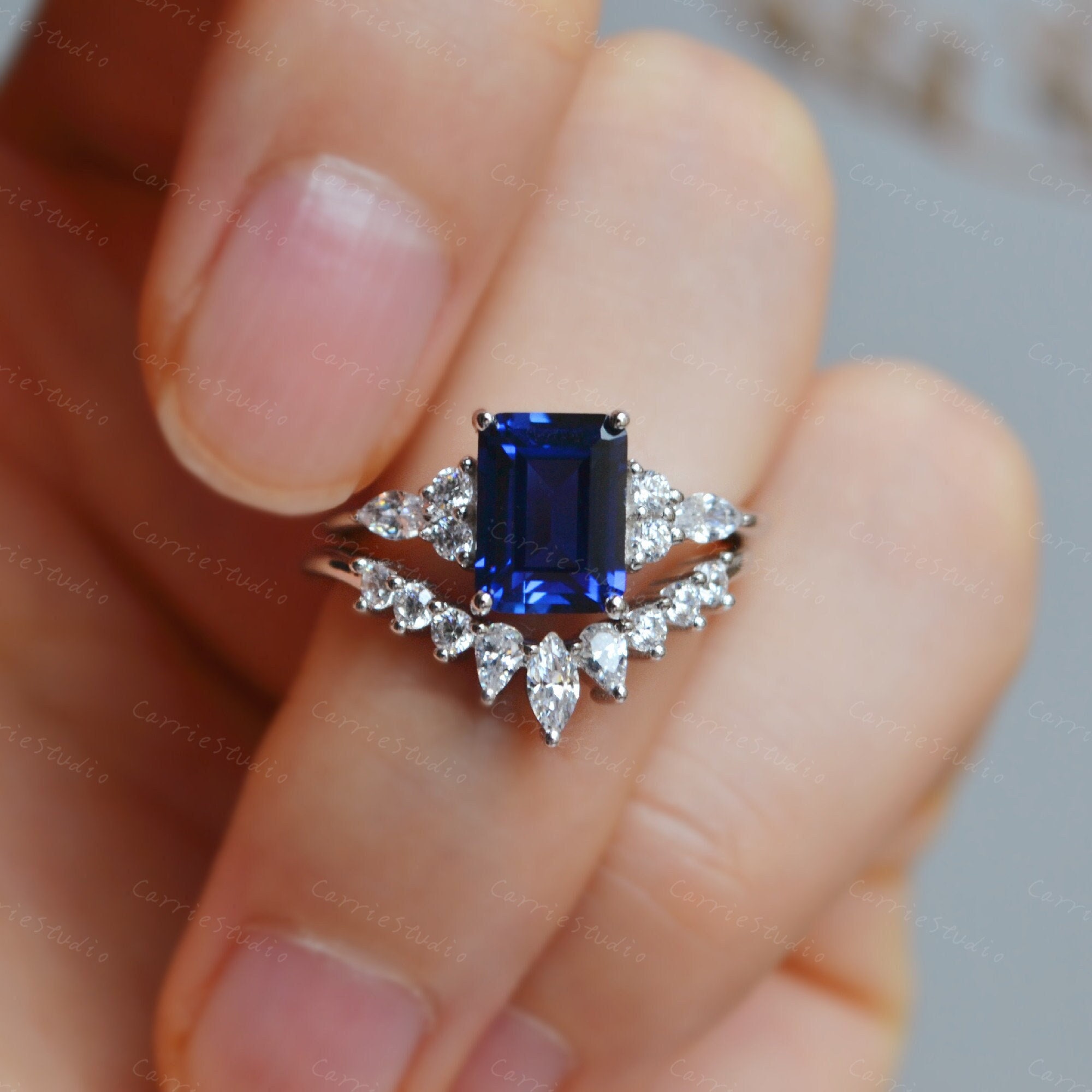 Emerald cut blue sapphire ring sale
