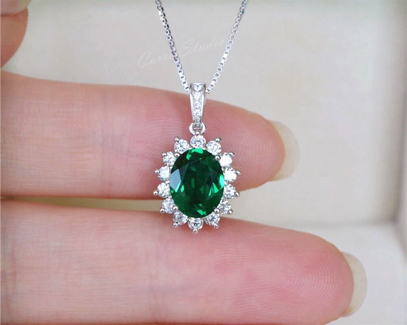 Royal Style Emerald Pendant Necklace Sterling Silver Emerald Necklace Anniversary Gift Birthday Present