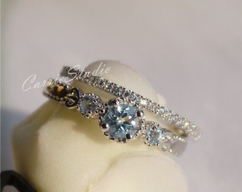 Zarte natürliche Aquamarin Ring Set / Silber 3 Stein Aquamarin Ring für Frauen / Aquamarin Verlobung / März Birthstone Schmuck