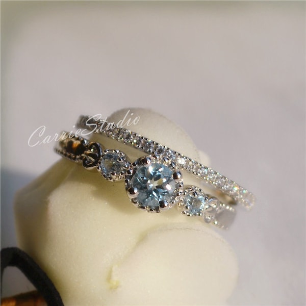 Delicate Natural Aquamarine Ring Set/ Silver 3 Stone Aquamarine Ring for Women/ Aquamarine Engagement/March Birthstone Jewelry