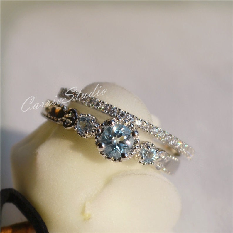 Delicate Natural Aquamarine Ring Set/ Silver 3 Stone Aquamarine Ring for Women/ Aquamarine Engagement/March Birthstone Jewelry 