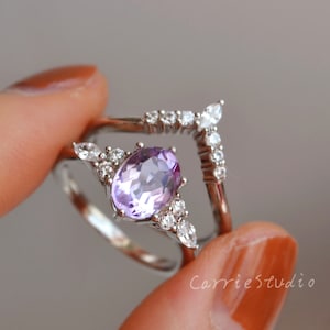 Delicate Lavender Purple Amethyst Ring Set/Oval Cut Amethyst Engagement Ring Set for Women/Sterling Silver Promise Ring for Her