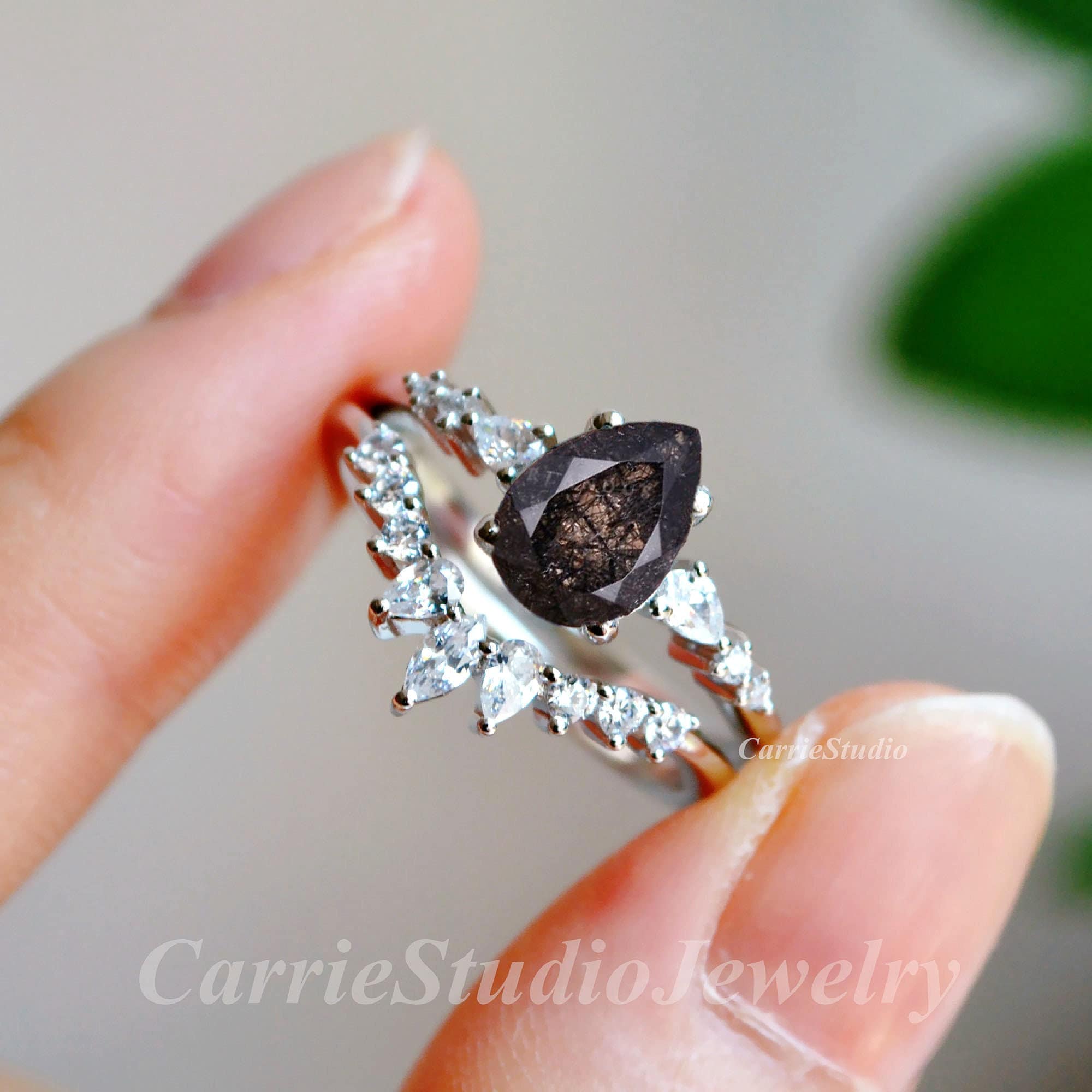 Black Tourmaline Engagement Ring Set Silver Pear Black -  Sweden