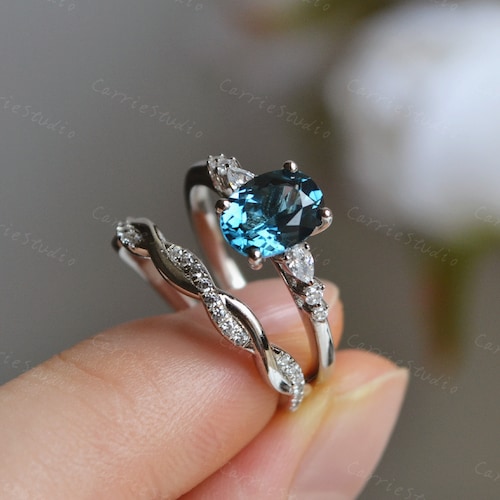 Silver Oval London Blue Topaz Ring Set/6*8mm Topaz Bridal Ring Set