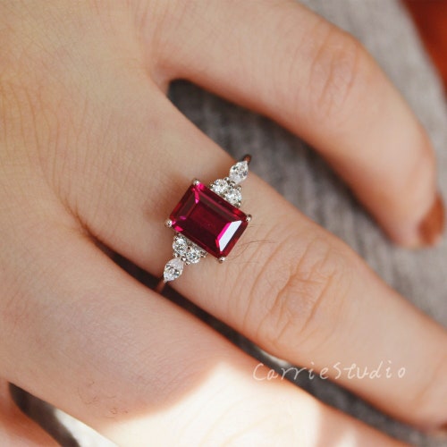 Vintage Emerald Cut Ruby Ring Set - 2ct Ruby Stacking Ring Set