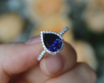 Halo Sapphire Ring 7*9mm Pear Sapphire Engagement Ring/ Promise Ring Anniversary Ring Gift