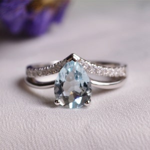 7*9 mm Pear Aquamarine Ring Aquamarine Engagement Ring/ Wedding Ring Anniversary Ring Promise Ring