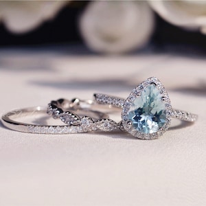 Natural Aquamarine Ring Set Aquamarine Engagement Ring Set with Fabulous Aquamarine Stone Wedding Ring Set  Anniversary Ring Promise Ring