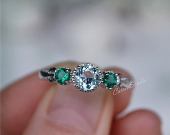 Delicate Aquamarine & Emerald Ring/ Anniversary Ring/ Mother&#39;s Day gift