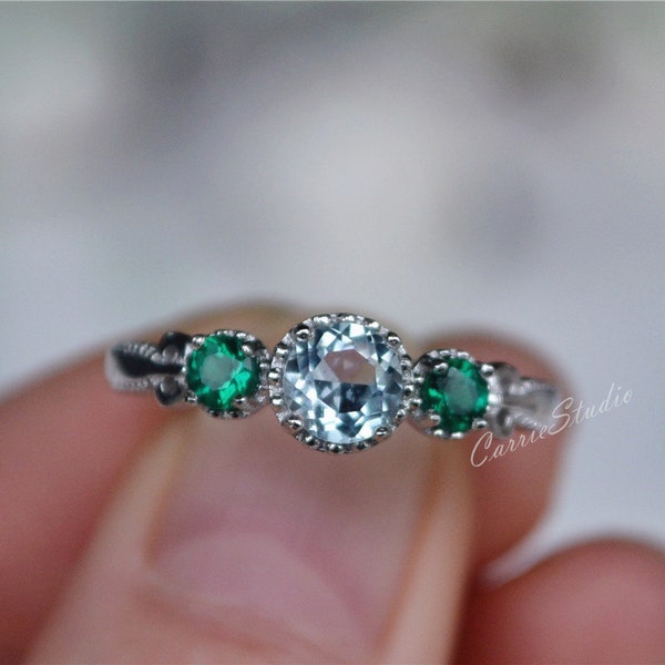 Delicate Aquamarine & Emerald Ring/ Anniversary Ring/ Mother's Day gift