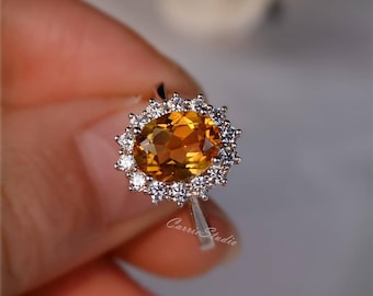 7*9 mm Halo Citrine Ring Citrine Engagement Ring Promise Ring Anniversary Ring