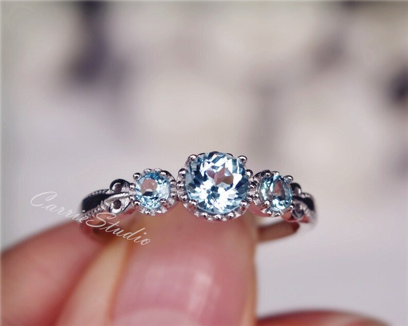 3 Stone Topaz Ring/Natural Sky Blue Topaz Ring/Topaz Promise Ring image 1