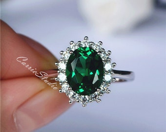 Halo Emerald Engagement Ring/7*9 mm Oval Emerald Promise Ring/May Birthstone Emerald Anniversary Ring