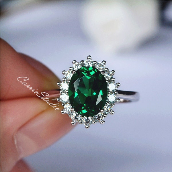 Halo Emerald verlovingsring/7 * 9 mm ovale smaragdgroene beloftering/geboortesteen smaragd jubileumring mei
