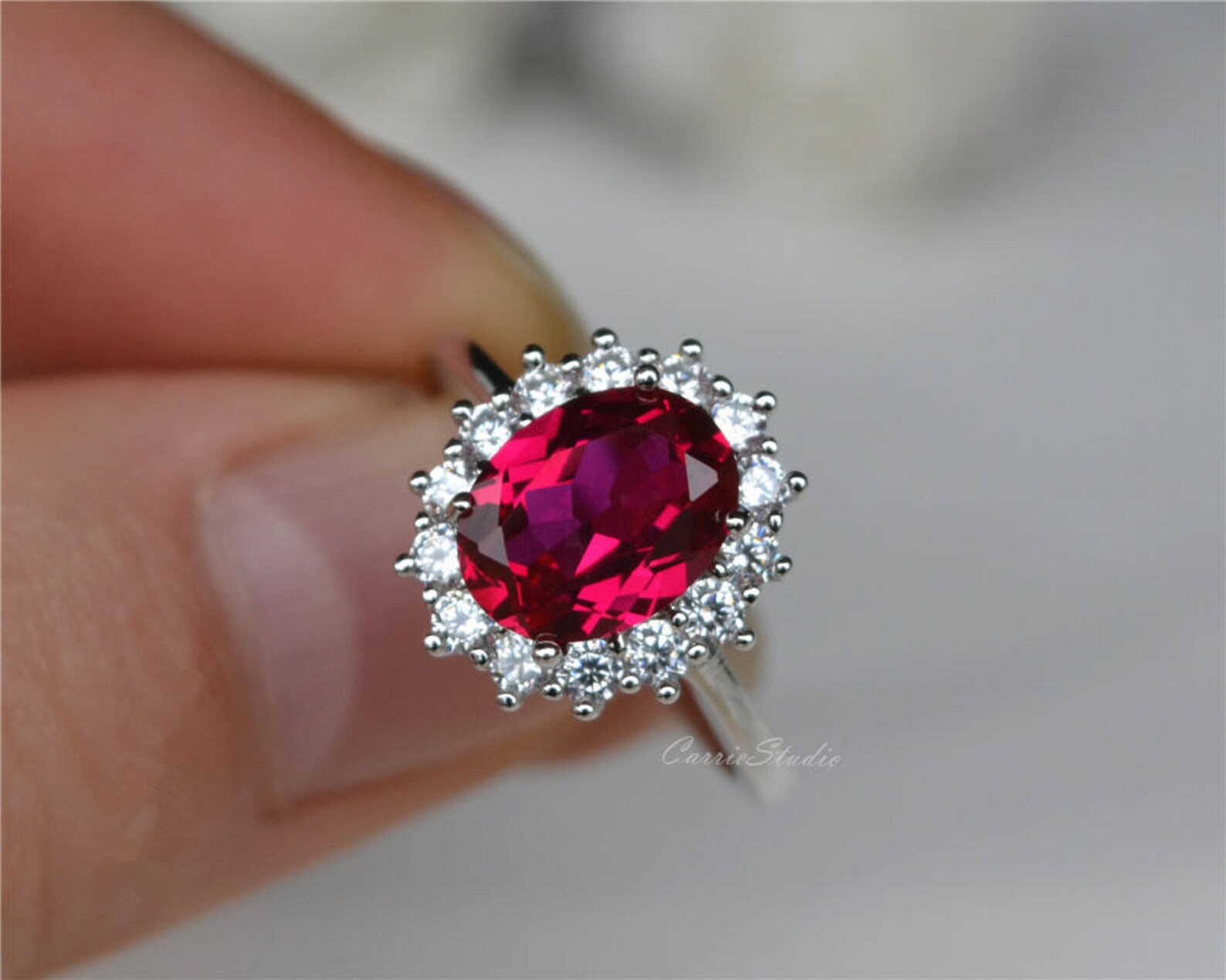 2ct Halo Ruby Ring/oval Cut Ruby Engagement Ring/ Sterling Silver ...