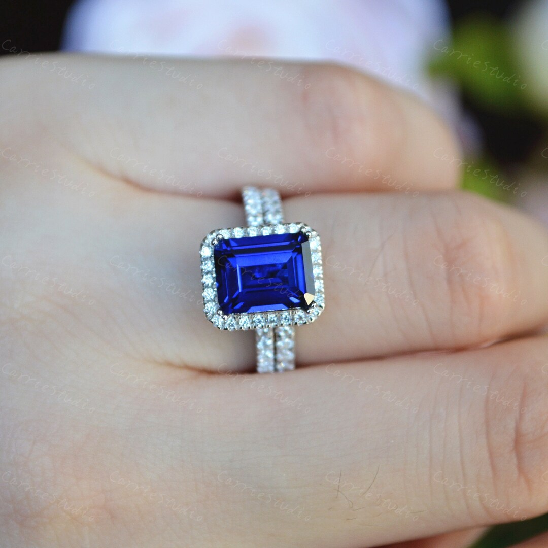 Handmade 79 Mm Emerald Cut Blue Sapphire Ring Set/silver Halo Etsy