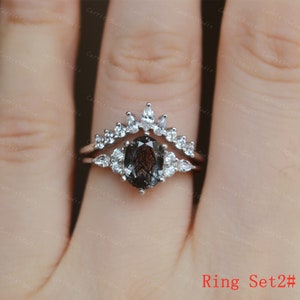 Unique Black Rutilated Quartz Ring Set/Natural Rutilated Quartz Bridal Ring Set/Anniversary Gift for Her/Silver Black Gem Jewelry Ring Set 2#