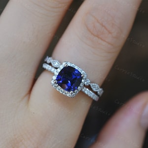Silver Cushion Sapphire Ring Set/Halo Lab Sapphire Engagement Ring Set/ Lab Sapphire Anniversary Gif