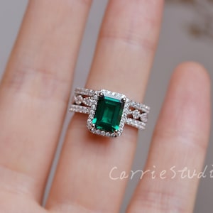 Halo Lab Created Emerald Ring Set/Emerald Engagement Ring/1.3ct Emerald Cut Emerald Anniversary Ring Gift