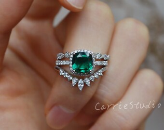 Cushion Lab Created Emerald Ring Set/ Silver Emerald Engagement Ring/ Emerald Anniversary Ring for Women
