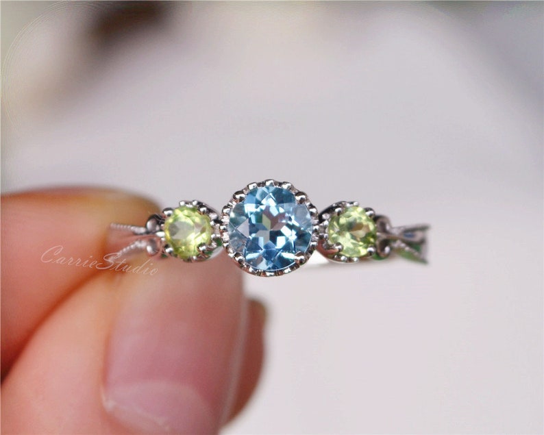 Aquamarine & Peridot Ring Solid 14K Gold Aquamarine Engagement Etsy